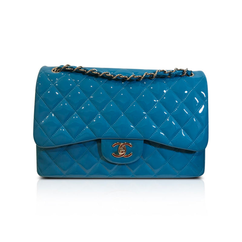 Chanel Sky Blue Quilted Iridescent Patent Leather Jumbo Classic