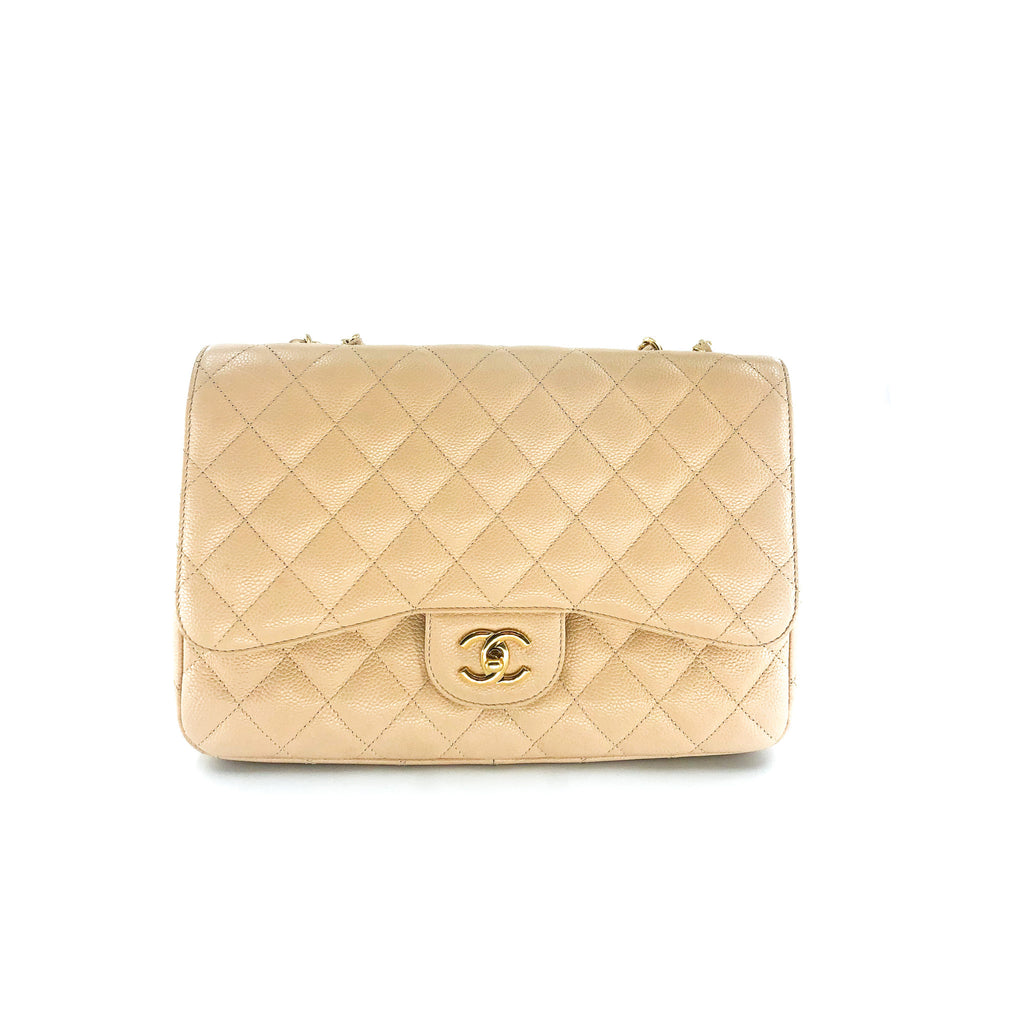 Vintage Jumbo Flap Bag in Beige Caviar Leather