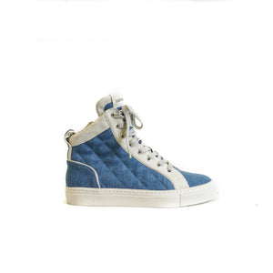 High Top Sneakers with Side Zipper Denim and Cream