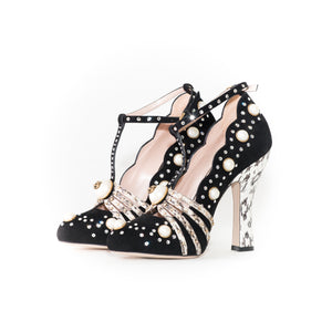 Ofelia Embellished Suede and Snakeskin Pumps