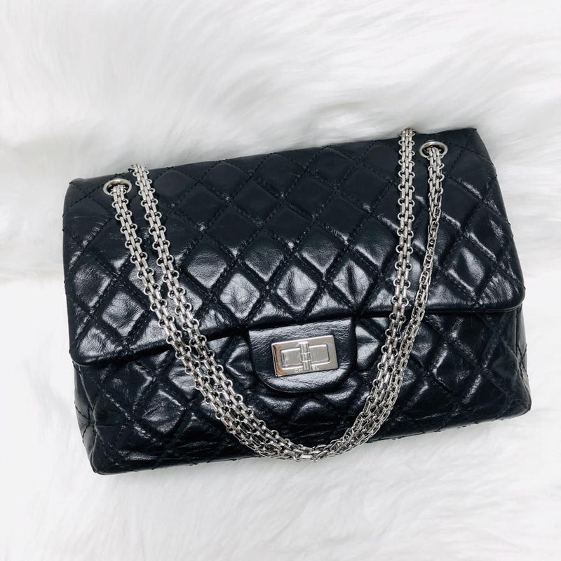 Chanel Black Striped Metallic 2.55 Reissue Quilted Classic Calfskin Leather  227 Jumbo Flap Bag - Yoogi's Closet