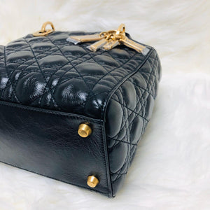 Lady Dior Bag Cannage Lambskin Leather Medium Black with Embellished Strap