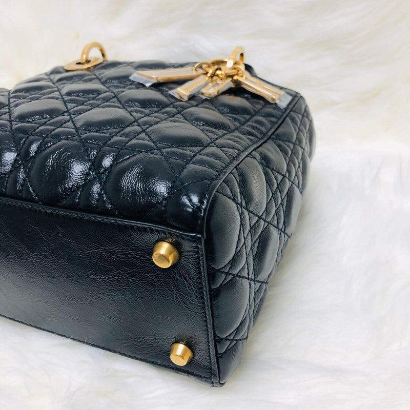 Lady Dior Bag Cannage Lambskin Leather Medium Black with Embellished Strap