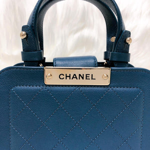 Grained Calfskin Stitched Mini Label Click Shopper Tote in Blue