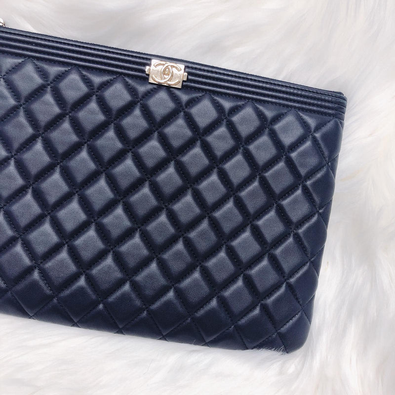 Lambskin O Case Quilted Navy Blue Large Boy Zip Pouch