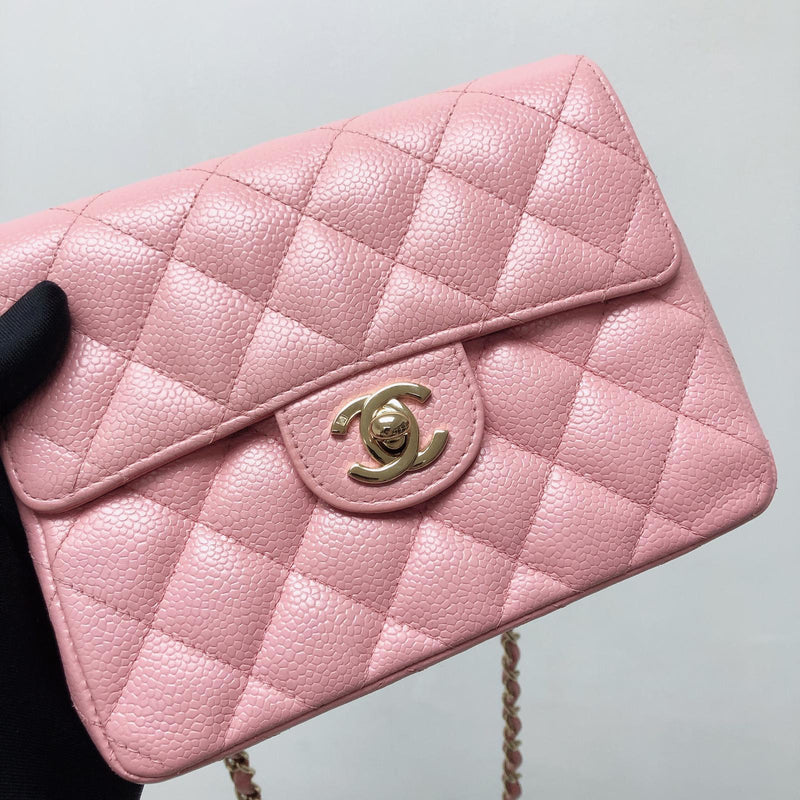 Vintage Mini Square Flap Bag in Pink Quilted Caviar Leather GHW