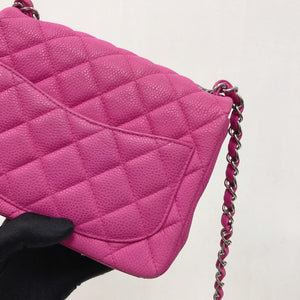Square Mini Flap Bag Quilted Caviar Leather with SHW Hot Pink