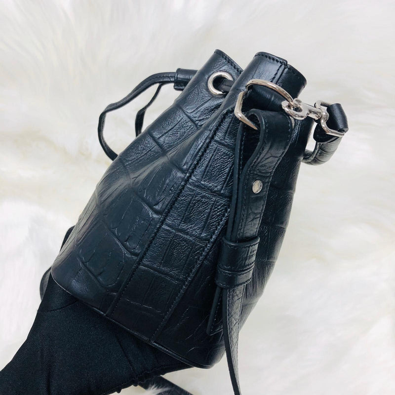 Crocodile Embossed Calfskin Leather Emmanuelle Bucket Bag Medium Black