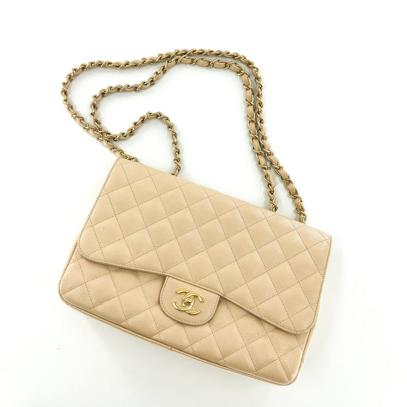 Vintage Jumbo Flap Bag in Beige Caviar Leather
