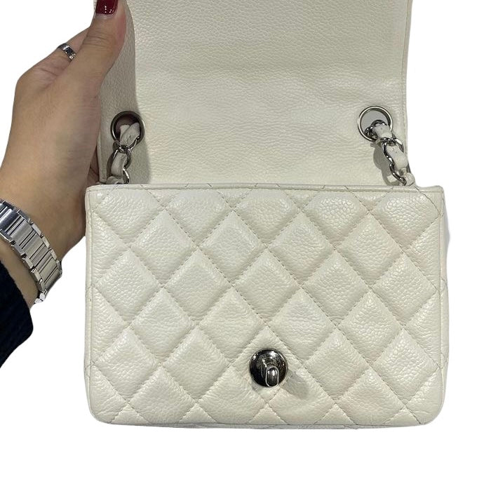 Square Mini Flap Caviar White SHW