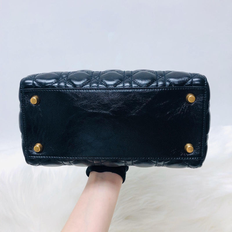 Lady Dior Bag Cannage Lambskin Leather Medium Black with Embellished Strap