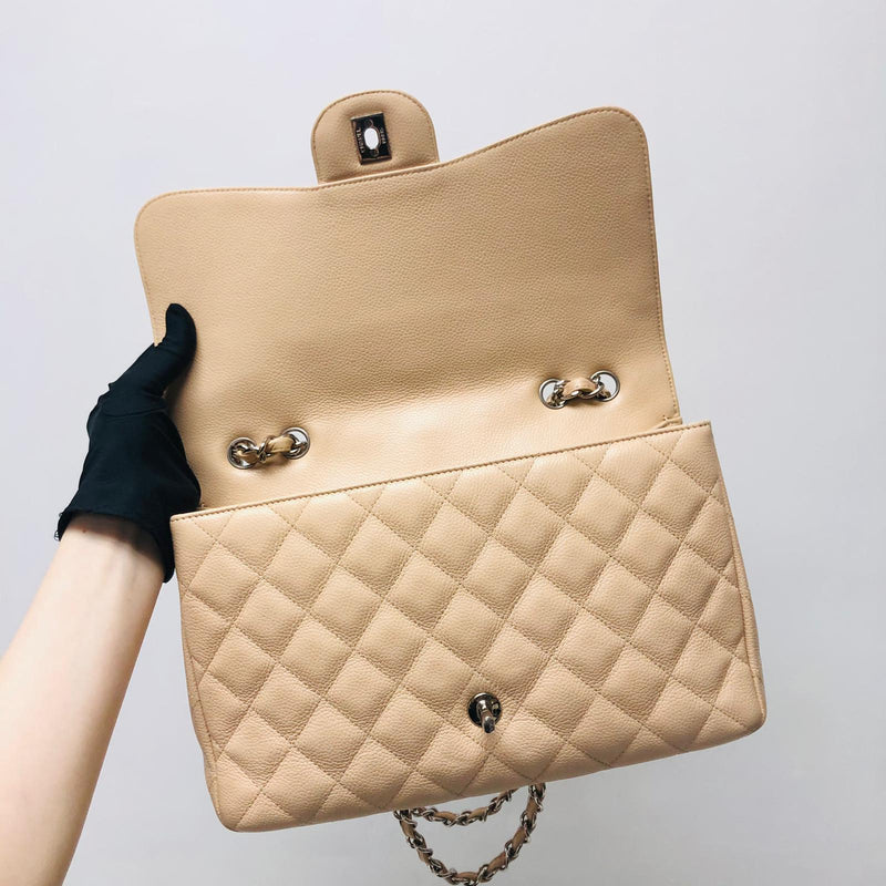 Single Flap Jumbo in Beige Caviar Leather with SHW