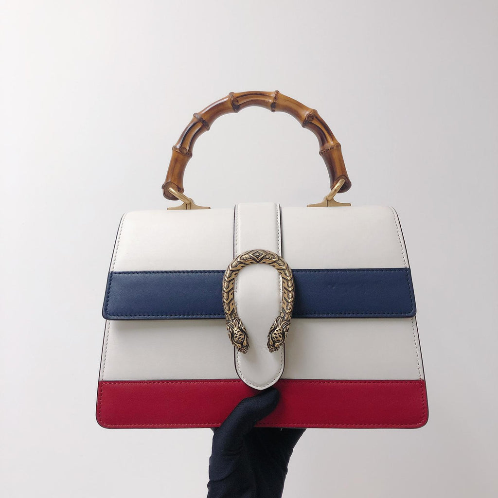 Calfskin Medium Dionysus Bamboo Handle Bag White Blue Red