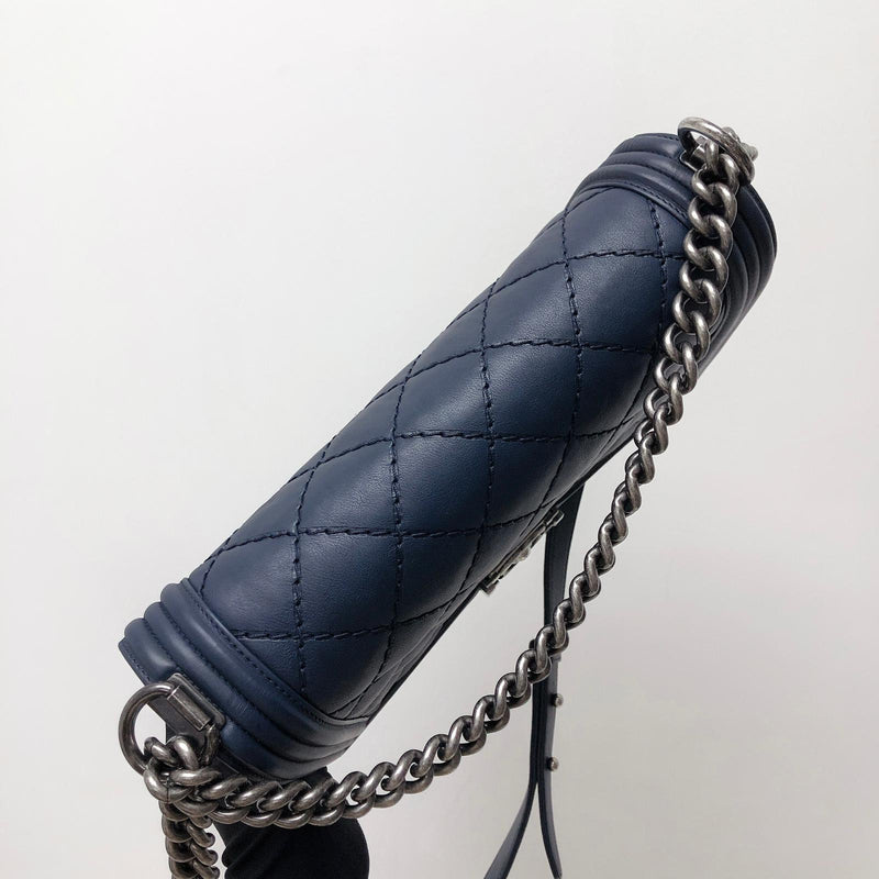 New Medium Blue Le Stitch Boy Quilted Calfskin Leather with RHW