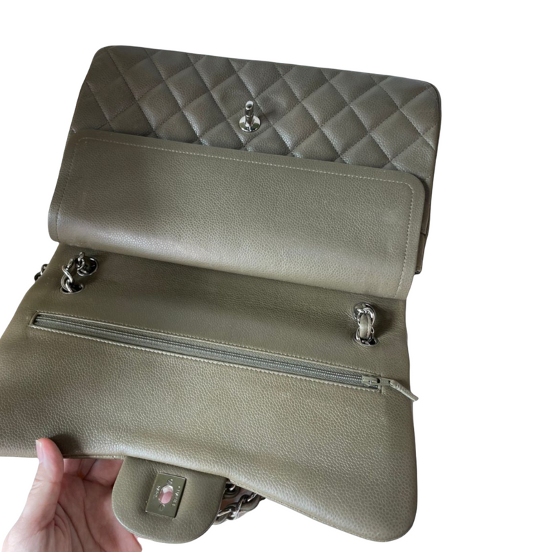 Classic Double Flap Jumbo Caviar Olive Green SHW