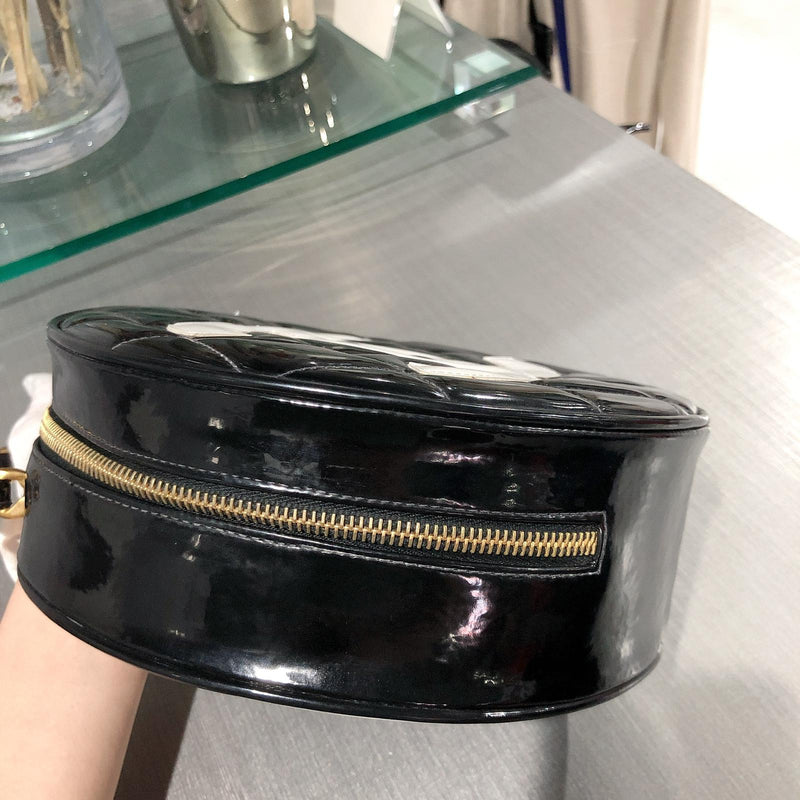 Vanity Case Vintage Round Top Handle Quilted Black Patent Leather Clutch