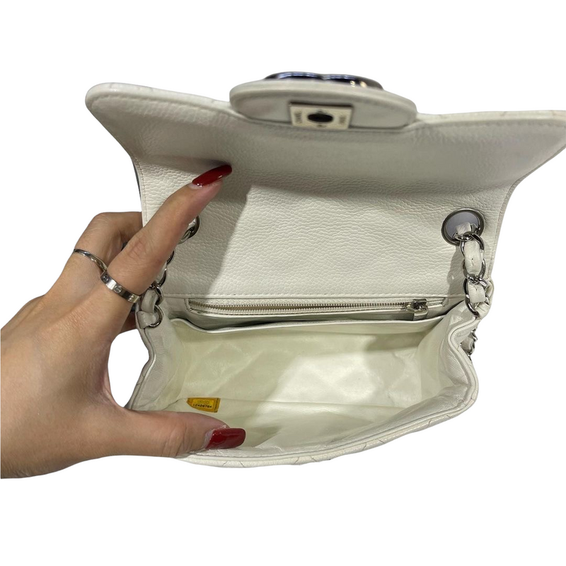 Square Mini Flap Caviar White SHW