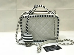 Black and White Striped CC Filigree Medium Caviar Quilted Vanity Case