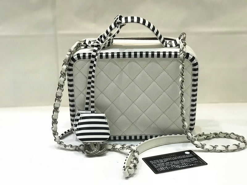Black and White Striped CC Filigree Medium Caviar Quilted Vanity Case