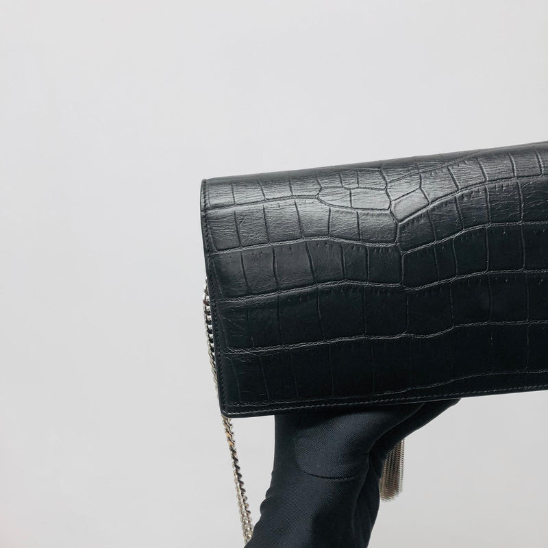 Classic Monogram Kate Tassel WOC in Black Crocodile Embossed Leather