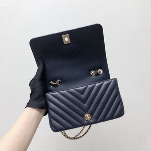 Calfskin Chevron Quilted Mini Statement Flap Navy Blue