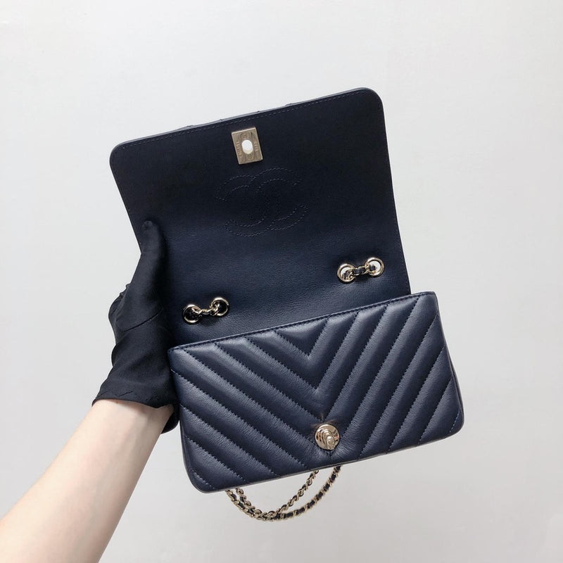 Calfskin Chevron Quilted Mini Statement Flap Navy Blue
