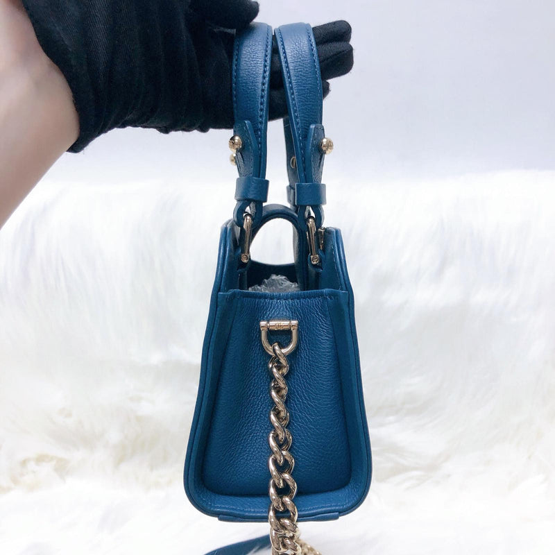 Grained Calfskin Stitched Mini Label Click Shopper Tote in Blue