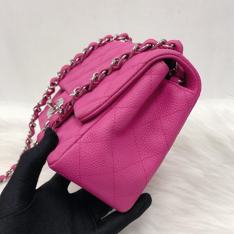 Square Mini Flap Bag Quilted Caviar Leather with SHW Hot Pink