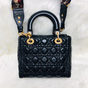 Lady Dior Bag Cannage Lambskin Leather Medium Black with Embellished Strap