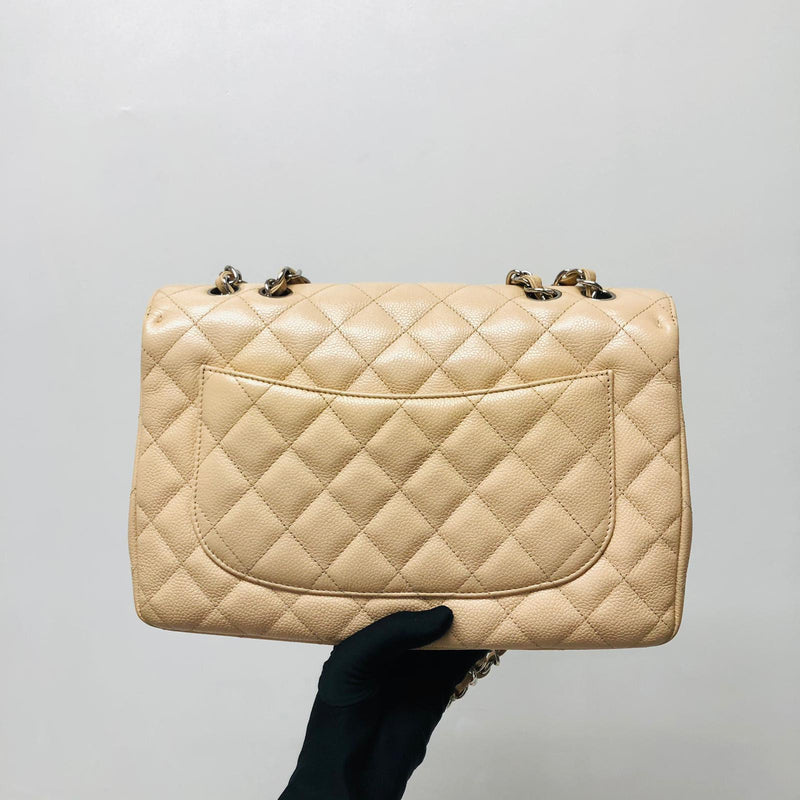 Single Flap Jumbo in Beige Caviar Leather with SHW