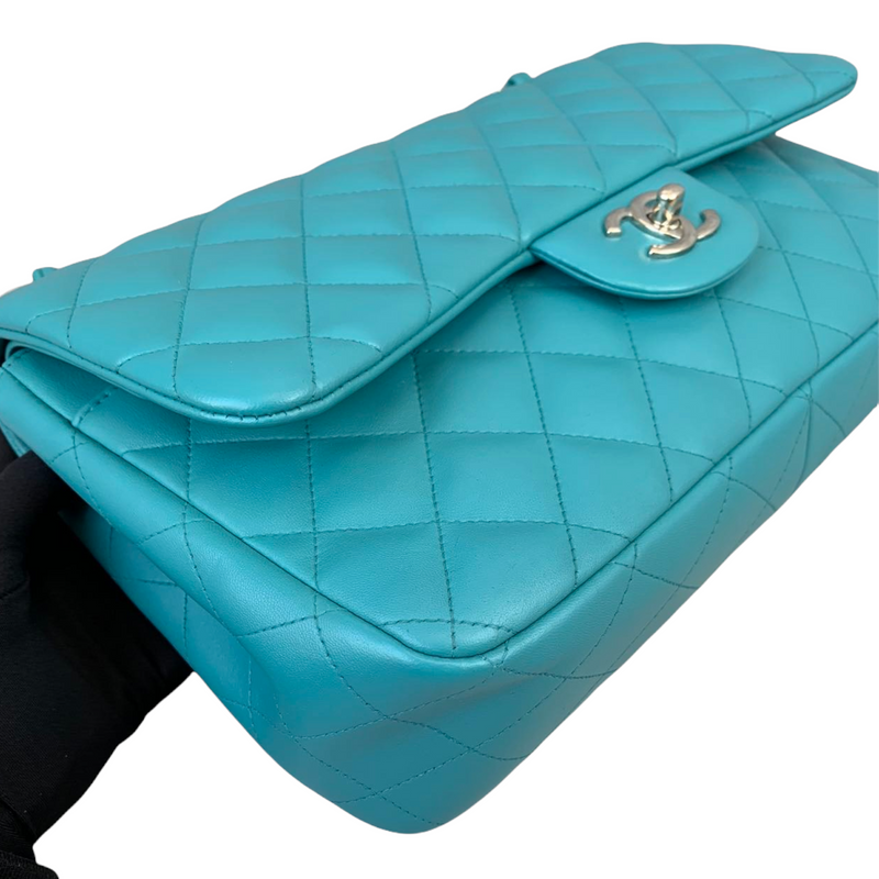 Double Flap Lambskin Jumbo Turquoise Blue SHW