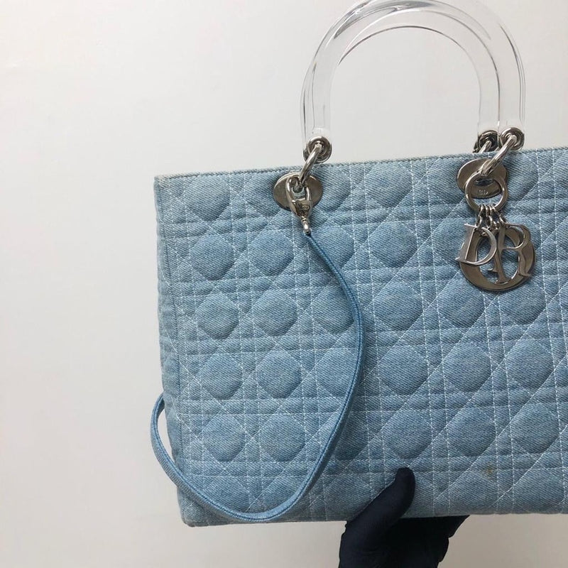 Lady Dior Large Vintage Denim Quilted Cannage tote with strap and acrylic handle GHW