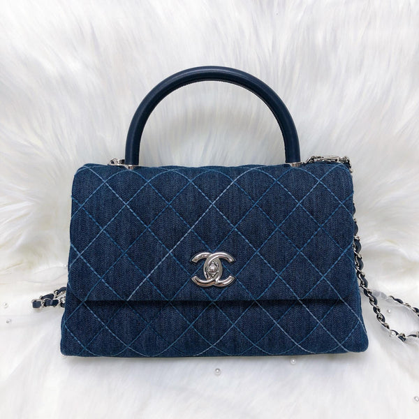 Chanel Blue Quilted Denim Small Coco Top Handle Silver Hardware, 2019 (Very Good), Womens Handbag