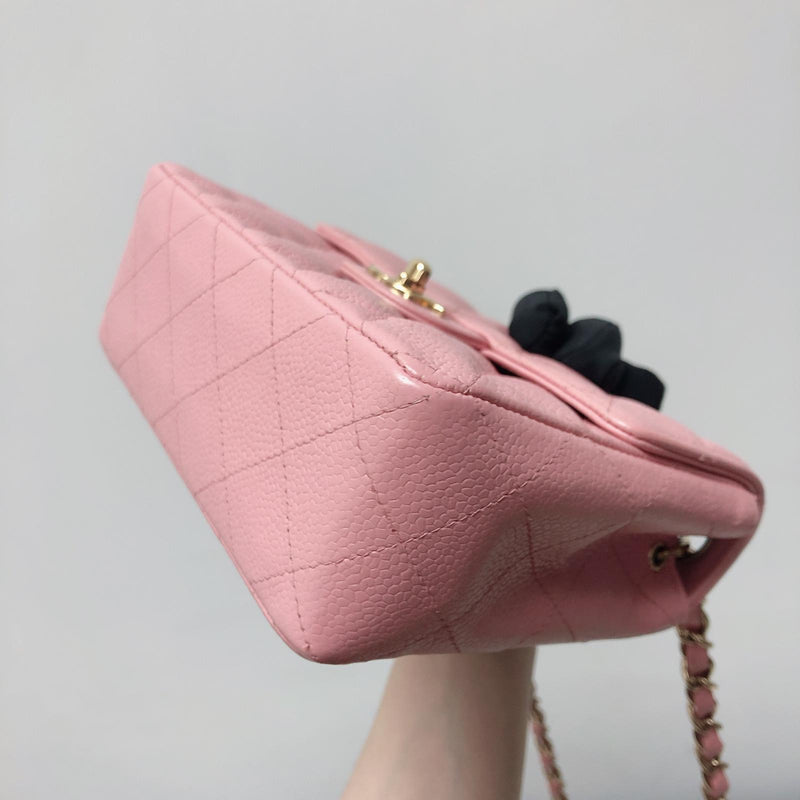 Vintage Mini Square Flap Bag in Pink Quilted Caviar Leather GHW