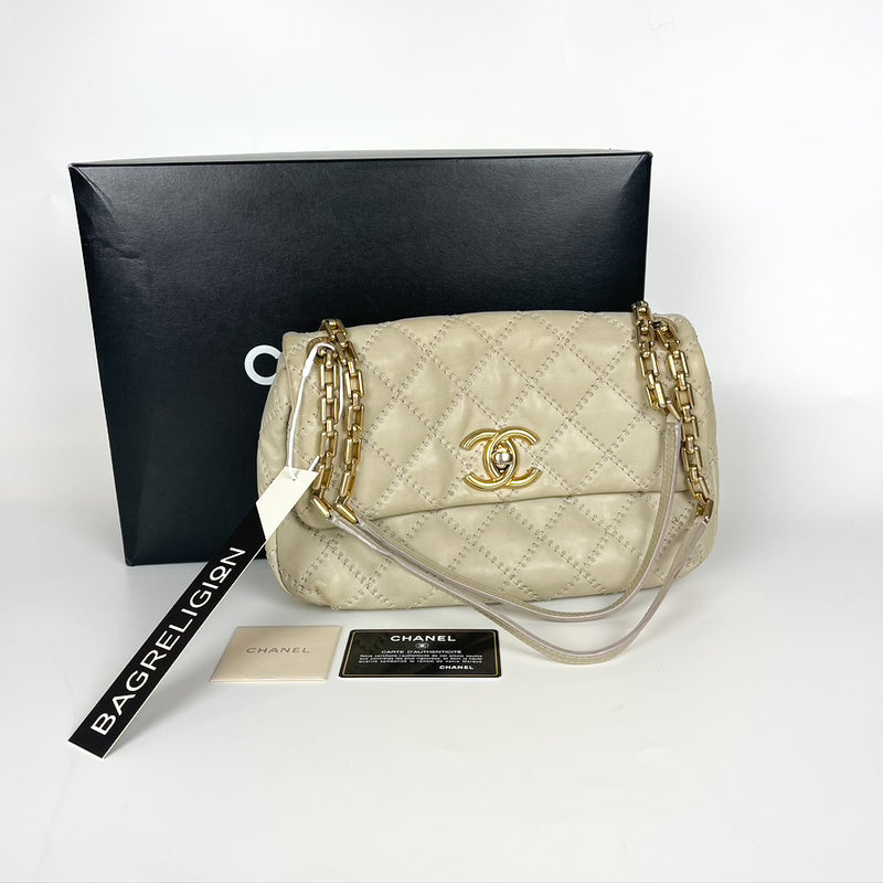 Calfskin Quilted Medium Wild Stitch Flap Beige