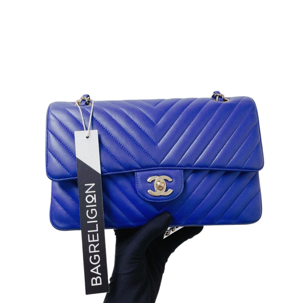 Classic Flap Medium Chevron Lambskin Blue LGHW
