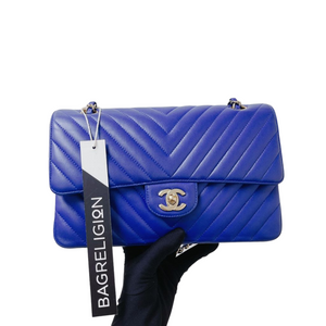 Classic Flap Medium Chevron Lambskin Blue LGHW