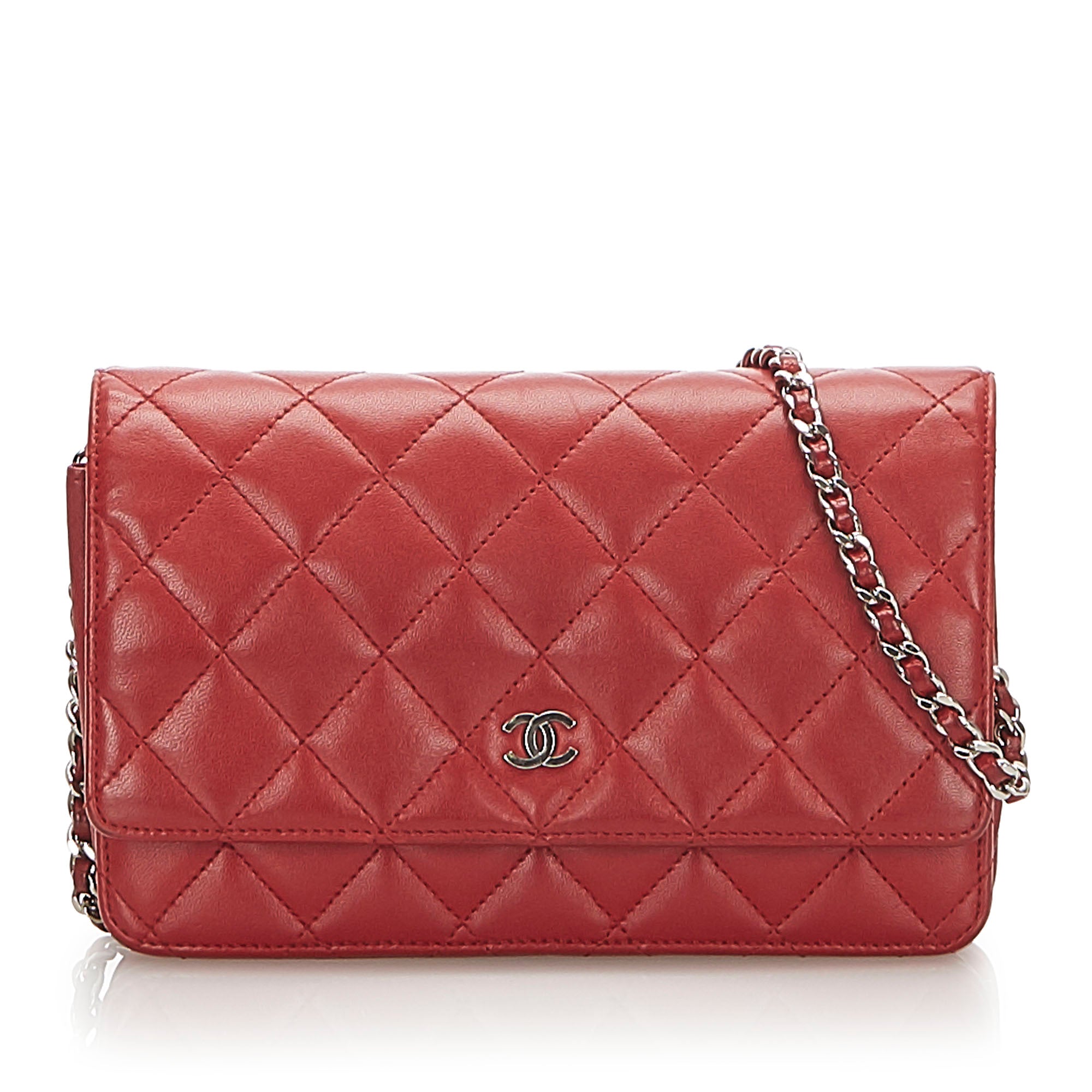 CC Lambskin Wallet On Chain Red