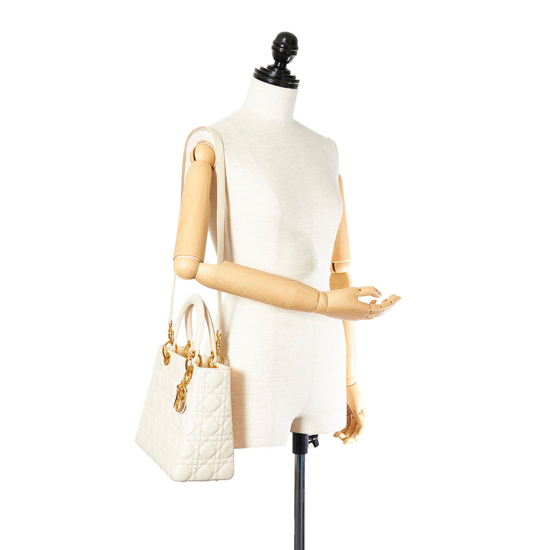 Cannage Lady Dior Leather Satchel White - Bag Religion