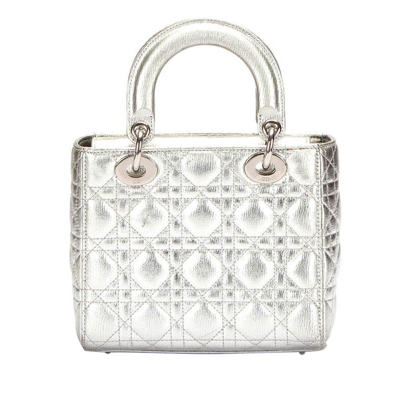 Cannage Lady Dior Metallic Leather Satchel Silver - Bag Religion