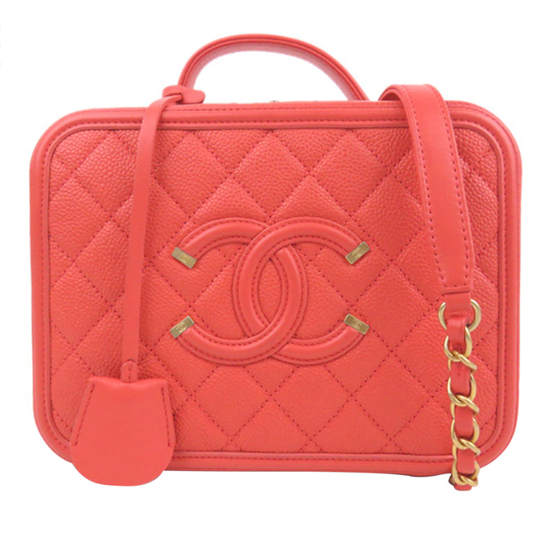 Chanel Red Quilted Caviar Leather Medium CC Filigree Vanity Case