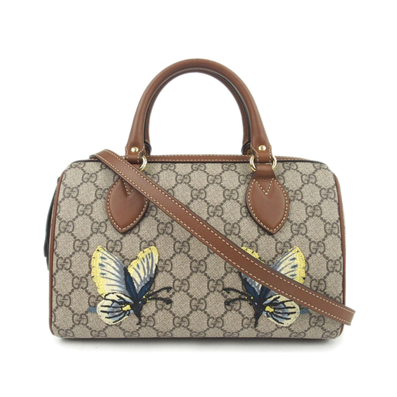 Gucci GG Supreme Butterfly Embroidered Satchel Brown