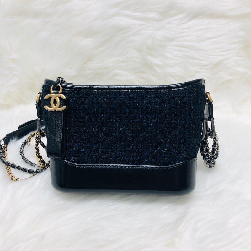 Black and Navy Blue Quilted Tweed Small Gabrielle Hobo Bag