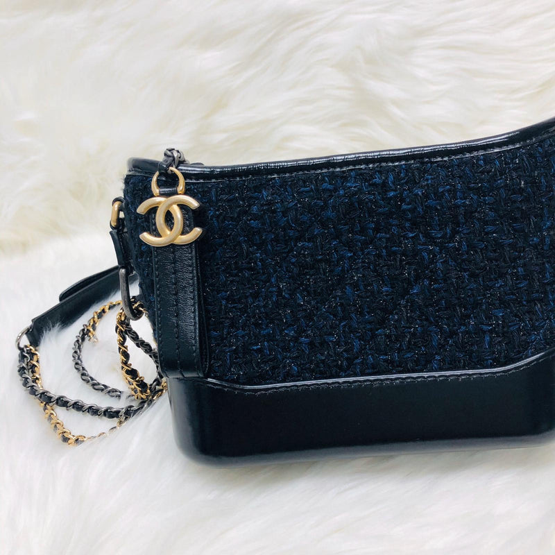 Black and Navy Blue Quilted Tweed Small Gabrielle Hobo Bag