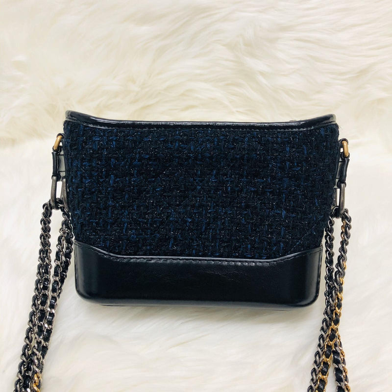 Black and Navy Blue Quilted Tweed Small Gabrielle Hobo Bag