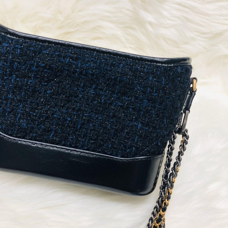 Black and Navy Blue Quilted Tweed Small Gabrielle Hobo Bag