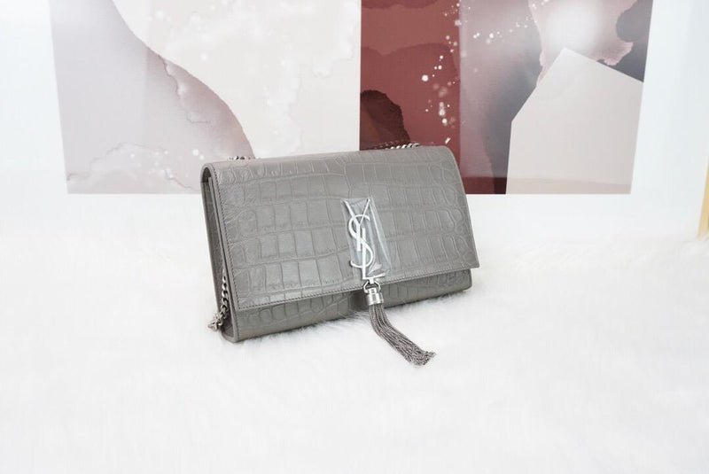 Classic Monogram Kate Tassel Satchel in Grey Crocodile Embossed Leather