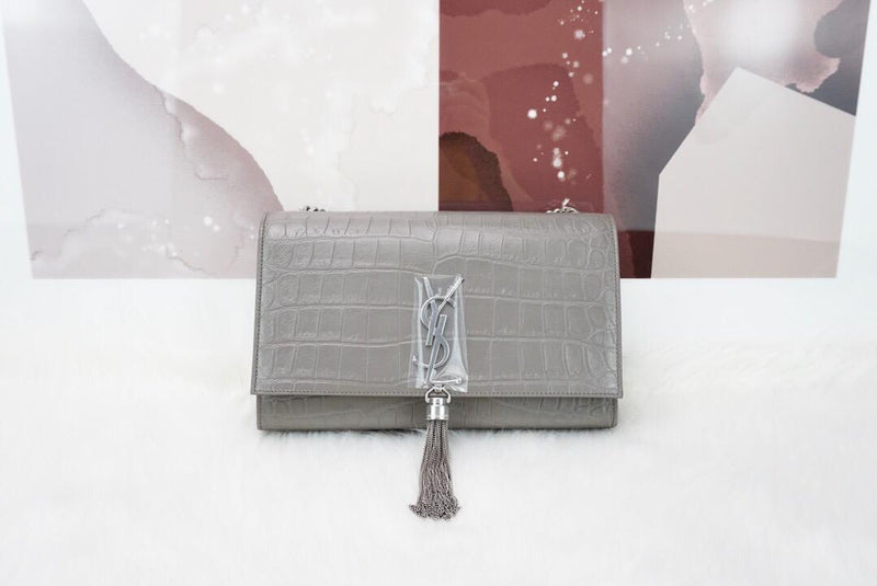 Classic Monogram Kate Tassel Satchel in Grey Crocodile Embossed Leather