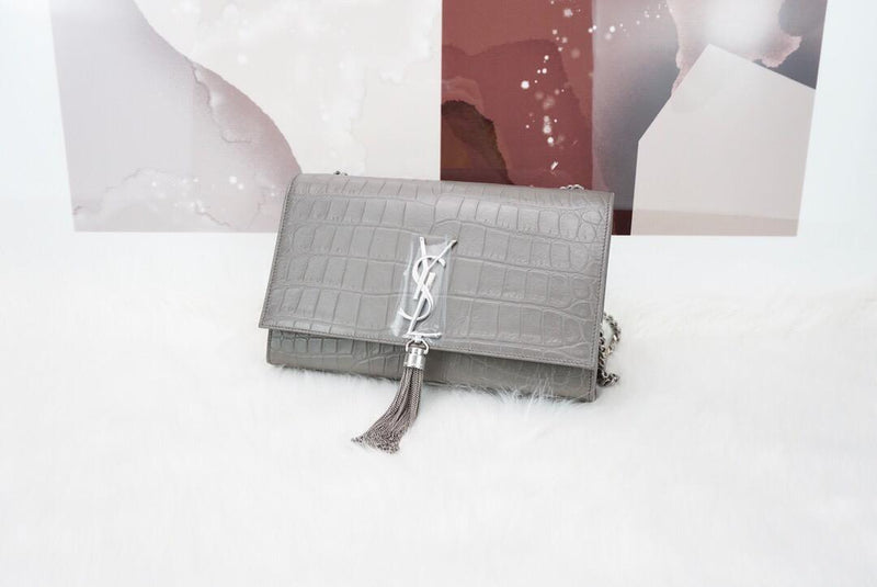 Classic Monogram Kate Tassel Satchel in Grey Crocodile Embossed Leather