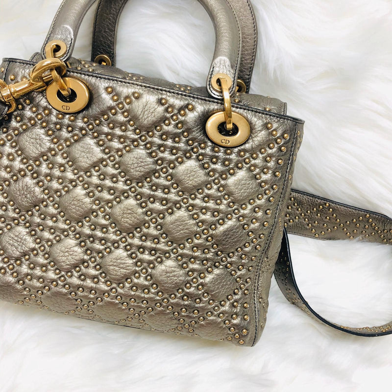 Studded Supple Lady Dior Medium Tote in Gold